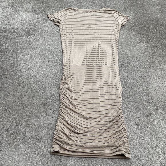 Prana Ruched Bodycon Midi Dress Womens Medium Beige Stripe V-Neck Stretch Casual - Picture 2 of 13